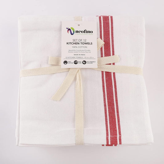Kitchen Dish Towels with Vintage Design for Kitchen Decor, 100% Cotton Kitchen Towels, Super Absorbent (Size: 15X25 Inches), Set of 12, White with Red
