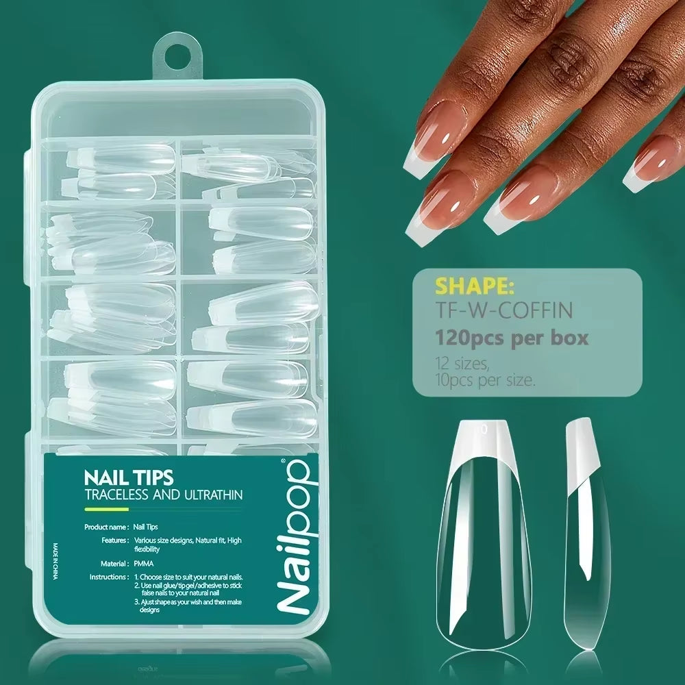 120Pcs Acrylic Nails Fake Capsule Short Almond Coffin Square Artificial Nail Extension Soft Gel Tips Accessories Tools